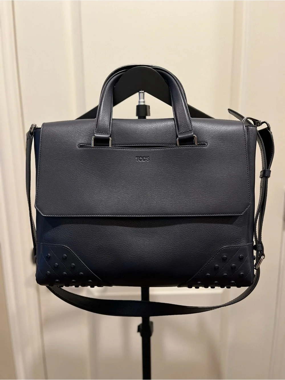 TOD'S Dark Navy Blue Leather Gommino Envelope Briefcase Messenger Bag NWOT